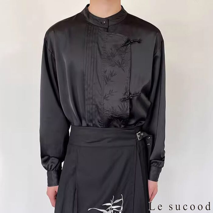 新品タグ【ルイス】人気★チャイナデザインノーカラーシャツ/定価14000円春夏秋 新品タグ【ルイス】人気 チャイナデザインノーカラーシャツ/定価14000