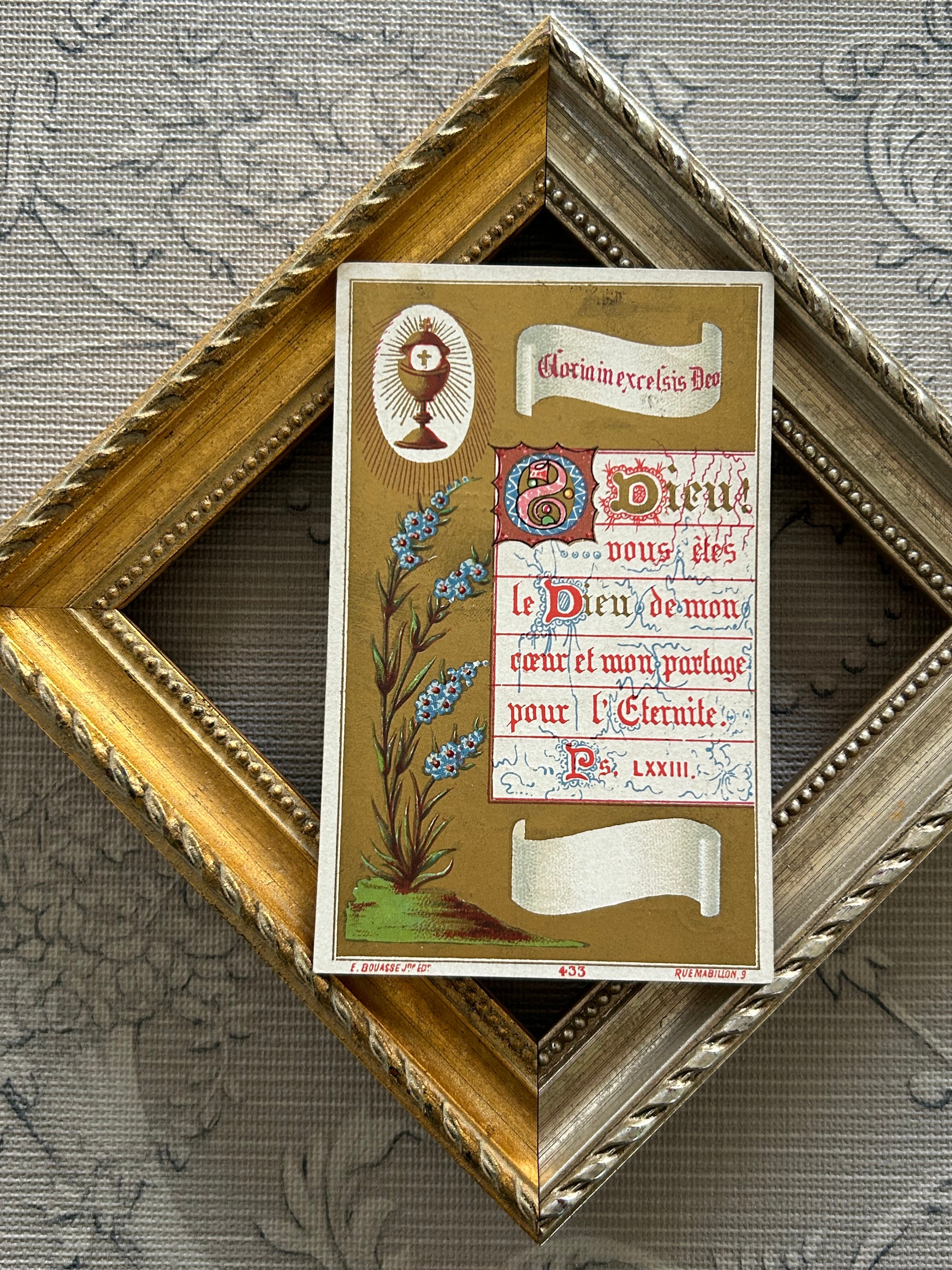 フランスアンティーク Holy Card ホーリーカード 花柄 1881年 額装 コレクション 撮影小物 BE