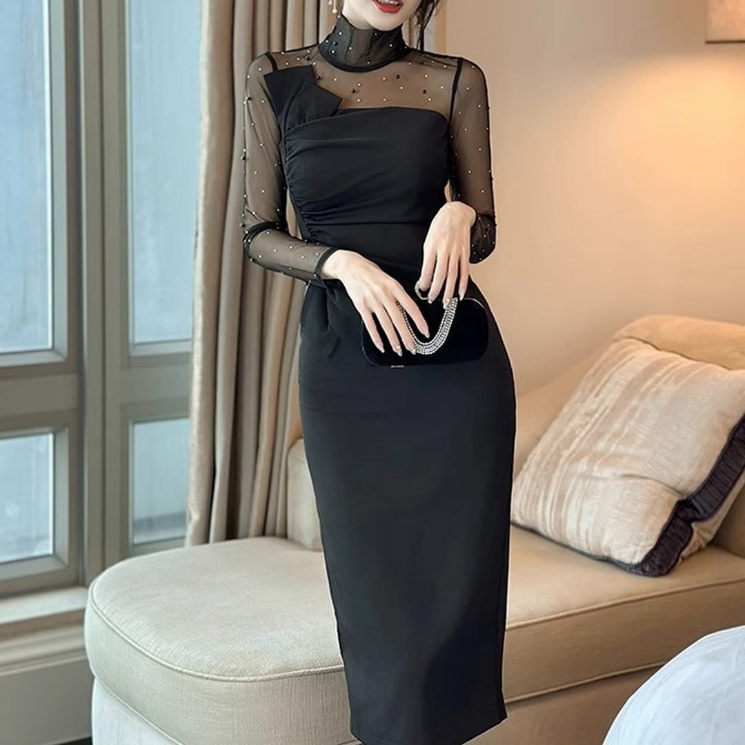 Mesh Long Sleeve Midi Dress(2color) V294