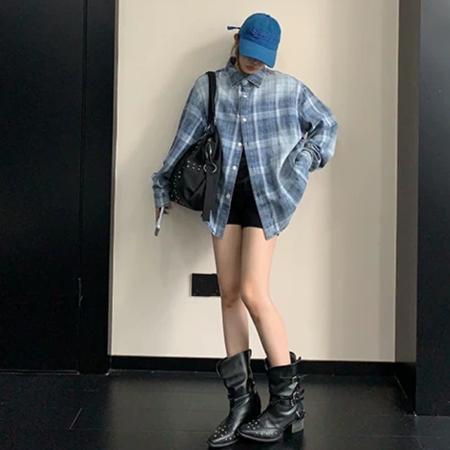 blue faded check shirt　ブルーフェードチェック柄シャツ　J2142