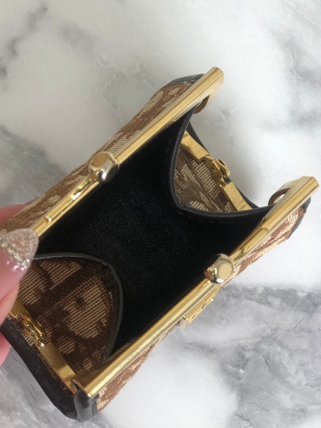 Christian Dior  ディオール トロッター Diorモチーフ ジャガード×レザー がま口 コインケース ブラウン mcrrev