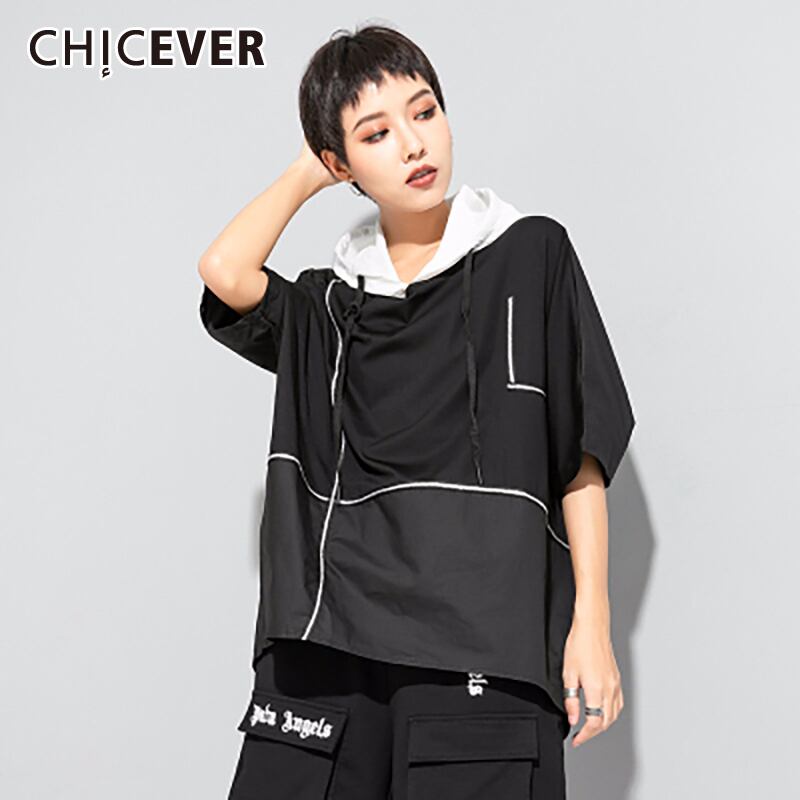 CHICEVERレディースTシャツフード付きカラーバットウィング半袖パッチワーク非対称シャツサマータイド ショート ハーフスリーブ 夏物 6base52066582288