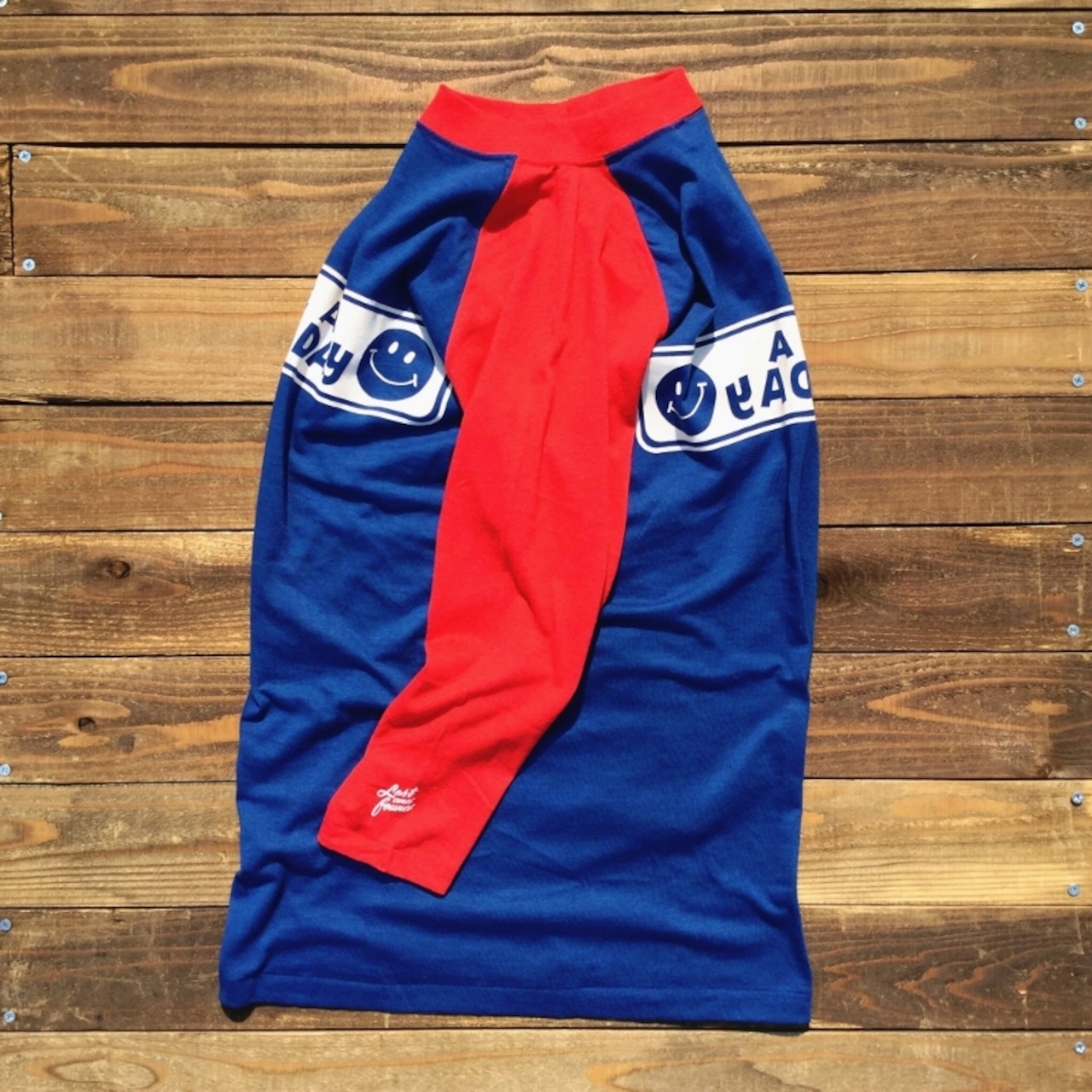 【LOST AND FOUND】"HAVE A HAPPY DAY" Vintage Raglan T-shirt (BLUE × RED)