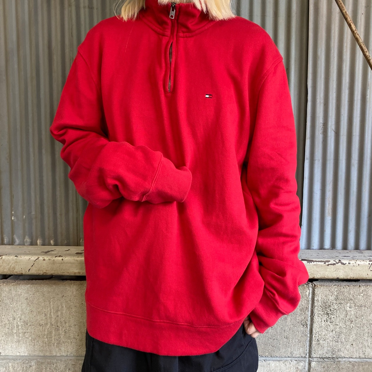 トミーヒルフィガー ハーフジップ リブスウェット メンズL 古着 TOMMY 