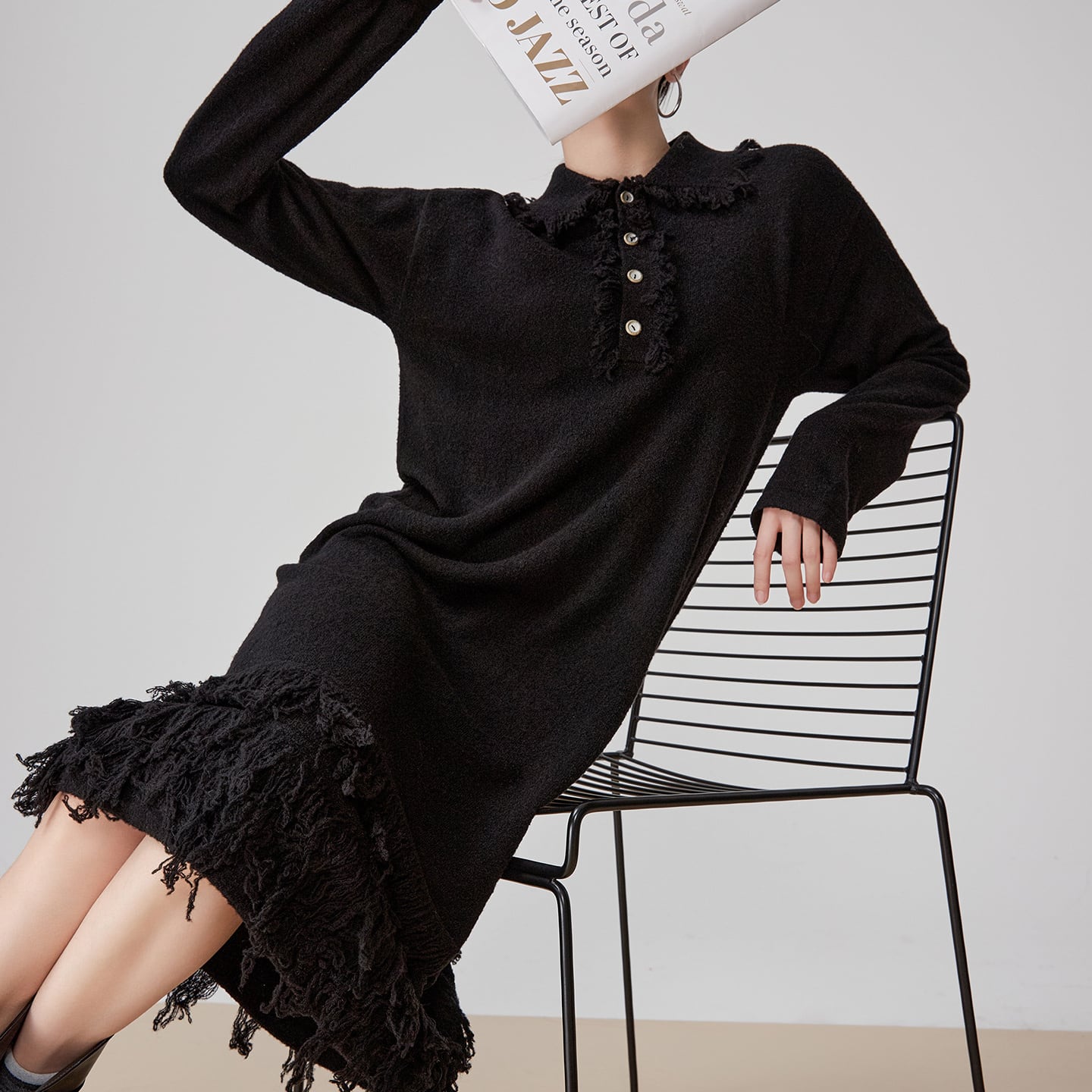 Fringe polo neck knit dress S298