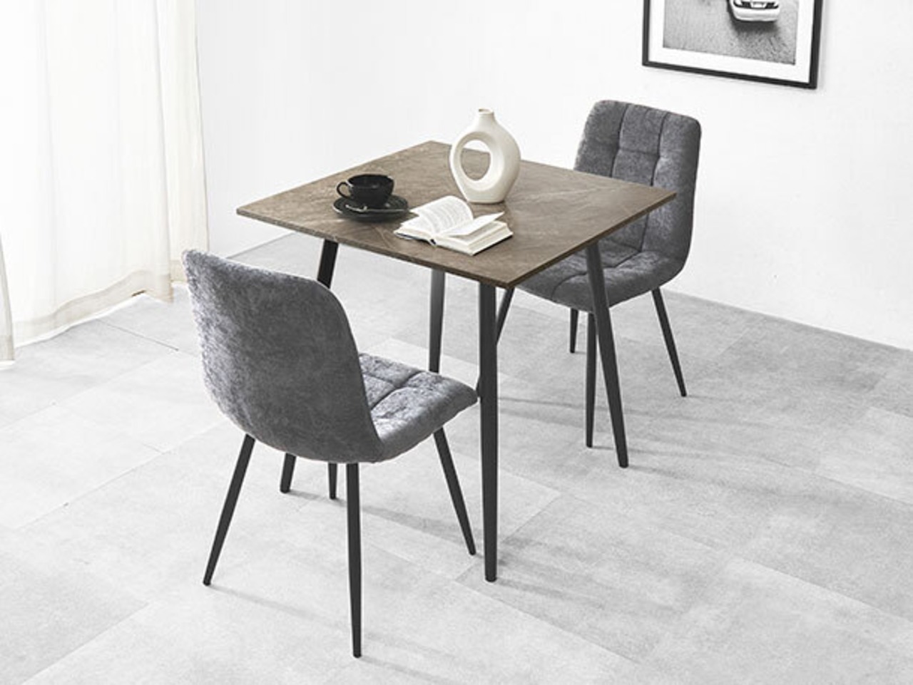 75×75cmカフェテーブル3点セット 大理石調 【チェア：ダークグレー】・画像5