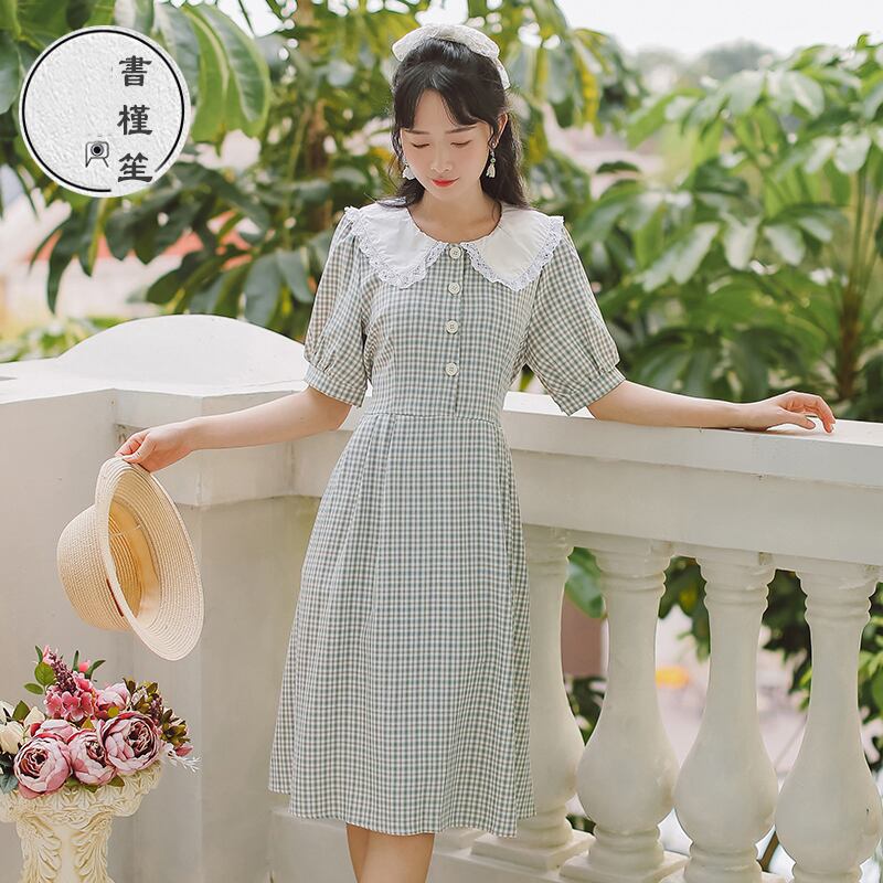 書槿笙シリーズ チェック柄ワンピース 可愛い襟 文芸スタイル スウィート デート 夏 グリーン 緑 Elegant