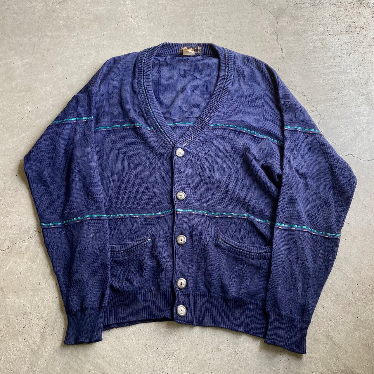 スペイン製 ユーロブランド コットン アクリル デザインド ニットカーディガン メンズl相当 古着 ネイビー 紺 ニットセーター Sa24 Cave 古着屋 公式 古着通販サイト