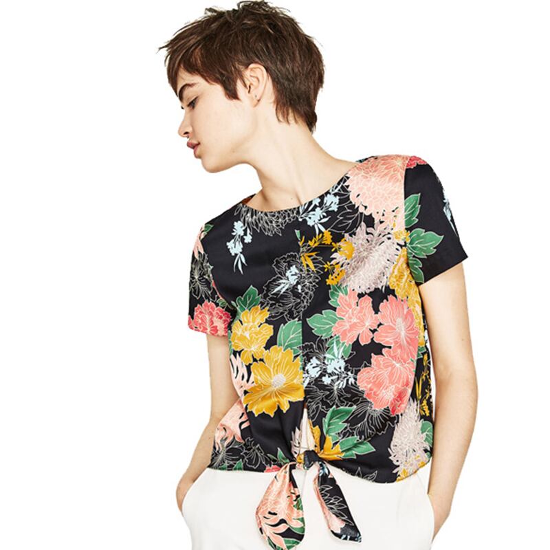 フロントリボン 半袖 クルーネック カットソー 花柄