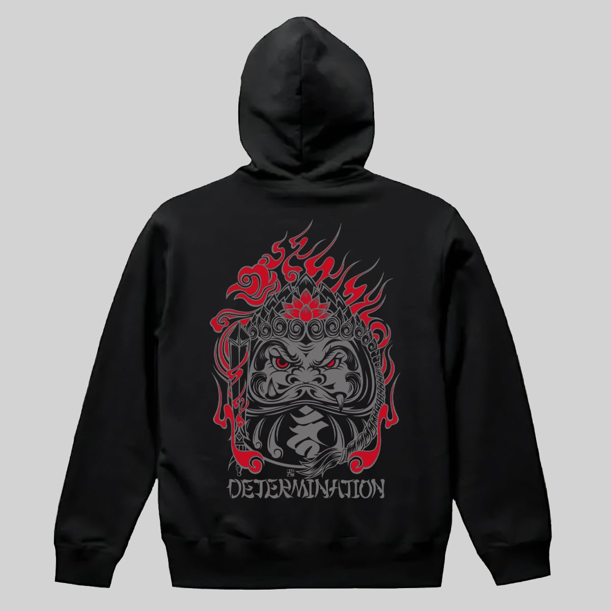 不動明王達磨パーカー 黒地×灰・濃赤ツートンデザイン【TIKTOK