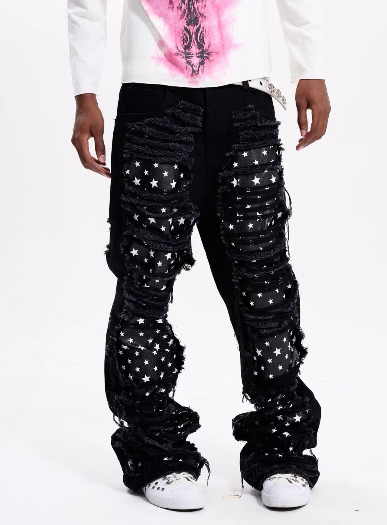 【Fourth3ex】Distressed Star Panel Denim Pants