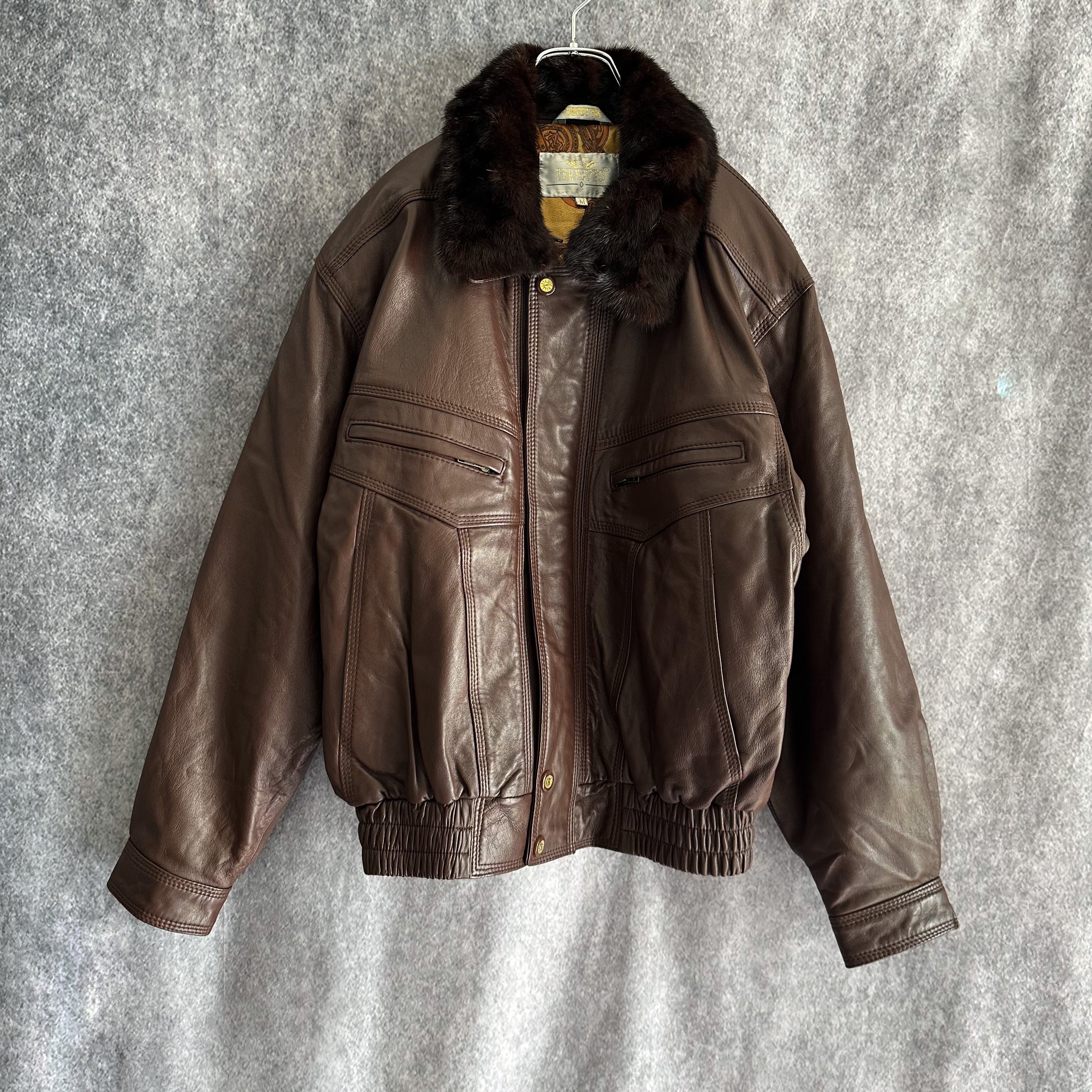 80s perfetto far neck leather jacket 80年代 ファー 本革 レザー