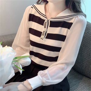 【送料無料】 トップス ブラウス 袖あり 長袖 えり付き プルオーバー Vネック Aライン フレア ロング丈 バイカラー 異素材切り替え ドッキング 透け感 シースルー 薄手生地 かわいい 大人可愛い 大人女子 こなれ感 シンプル カジュアル 大人 上品 おしゃれ お洒落 ラフ コンサバ ガーリー ボーダー しましま 春 20代 30代 40代 レディース 女性 デート お出かけ お茶会 女子会 休日 演奏会 授業参観 着回し プチプライス デイリーユース 普段使い オルチャン ファッション 着痩せ