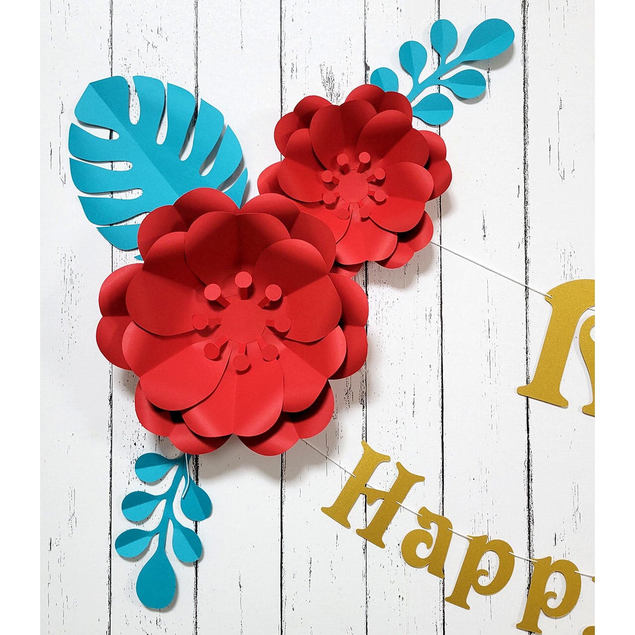 ボタニカルなフラワーアーチの1歳誕生日飾り付けセット（レッド