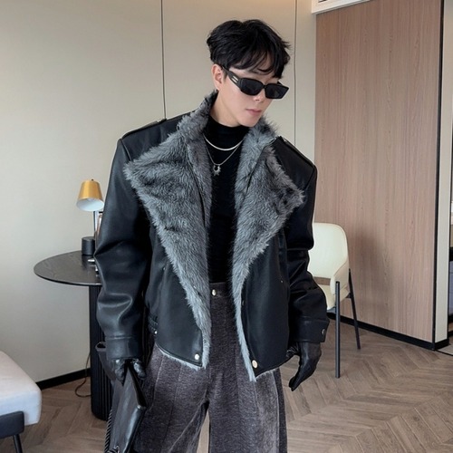 【予約販売】ライダース レザー ブルゾン アウター ファー もこもこ  冬 防寒 ジャケット ブラック ショート丈 メンズ カジュアル 男前 こなれ感 お洒落  韓国 トレンド 秋 冬 M/L/XL