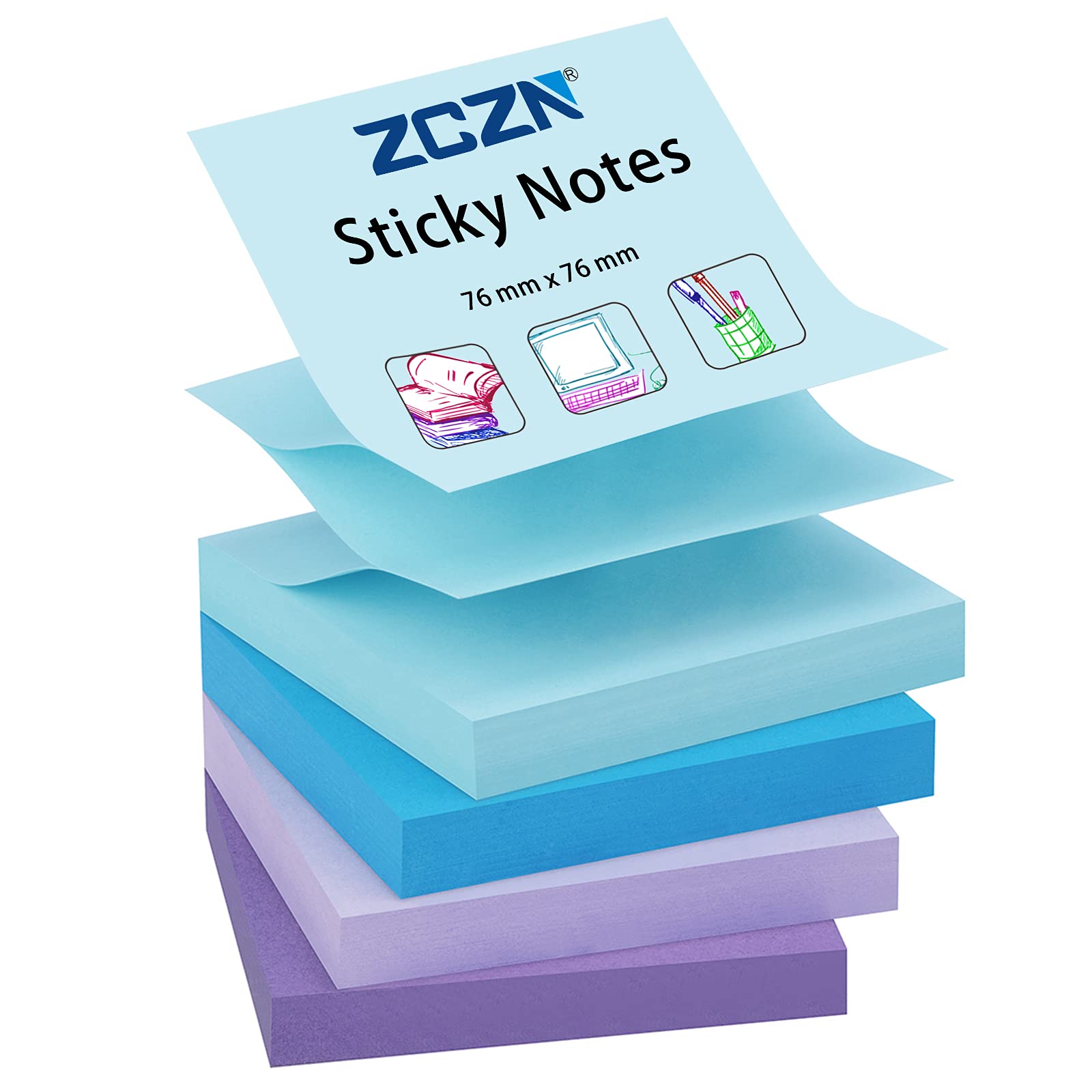 ZCZN 付箋 ポップアップ ノート 詰替用 76x76mm 100枚x4パッド マルチカラー(パープル、パステルパープル、ブルー、パステルブルー)