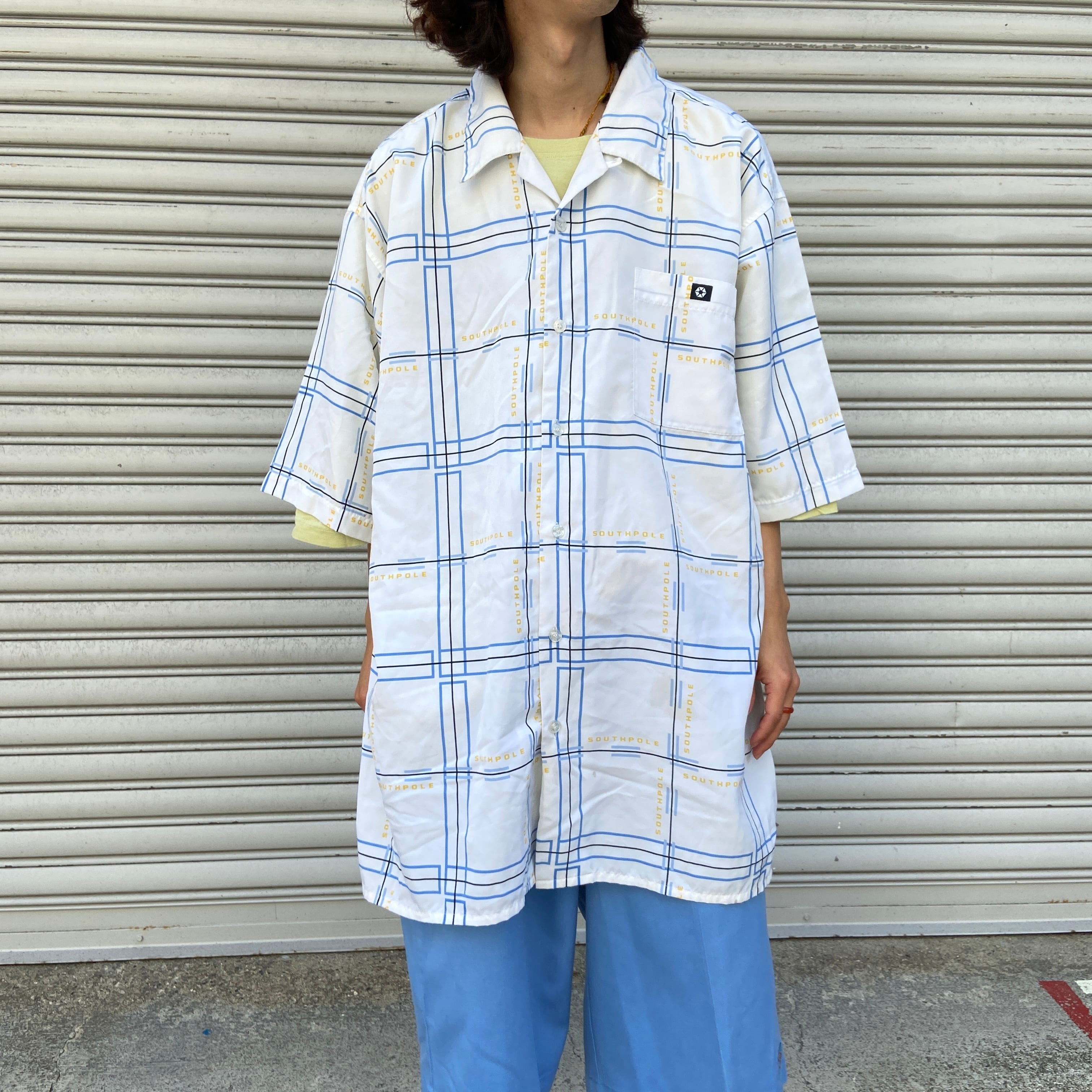 SALE/ 90年代 SOUTHPOLE メッシュオープンカラーシャツ 半袖 総柄 大きいサイズ ポリエステル ブルー (メンズ 3XL)   N8687