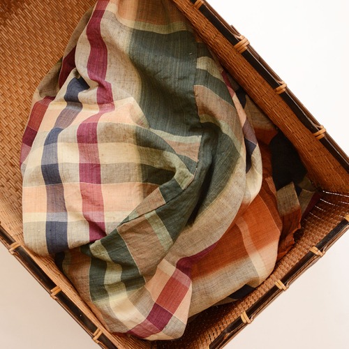 昭和初期・東北の布団皮ほどき古布｜木綿格子・オレンジ×グリーン｜164×131cm｜リメイク・パッチワーク素材｜ジャパンヴィンテージ