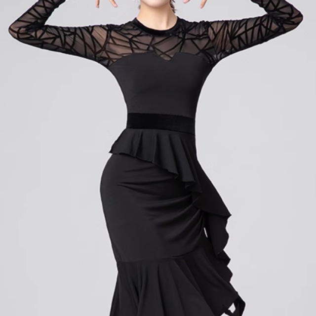 シアースリーブデザイン ブラックダンスドレス (4XLまであり)