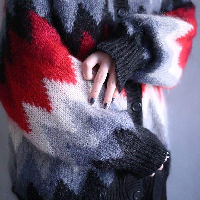 "mohair" gradation pattern no-collar knit jacket