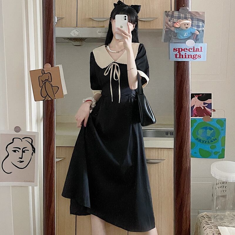 ブラックカラードレス サマースタンダードロングスカート レトロ 夏物 スーパーモール14185032767