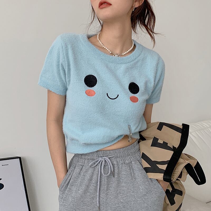 ブルーショートTシャツ サマーニットトップス 夏物 試着室55539323844