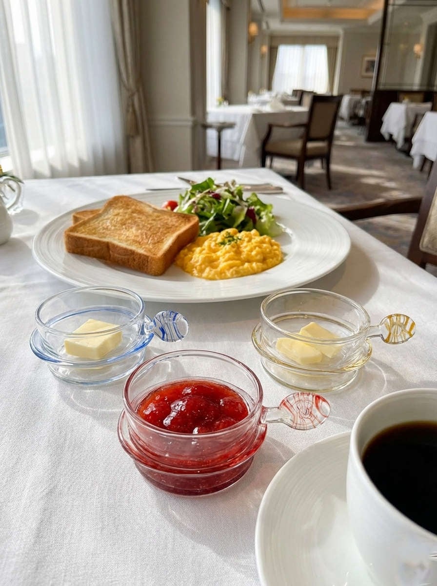 ⑤-4【この為だけに製作】バター&ジャム専用食器セット(丸底ホルダー付食器)耐熱ガラス製 贅沢な器 貴重な器 珍しい器【全国一律送料無料(※北海道・沖縄を除く)】