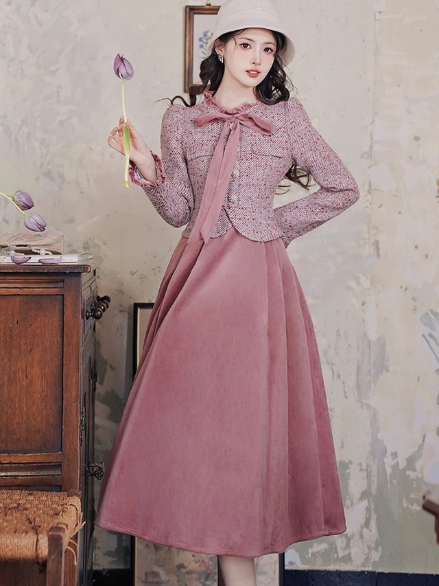 【0194】 Formal Pink Bowtie Ribbon Long Sleeve Dress
