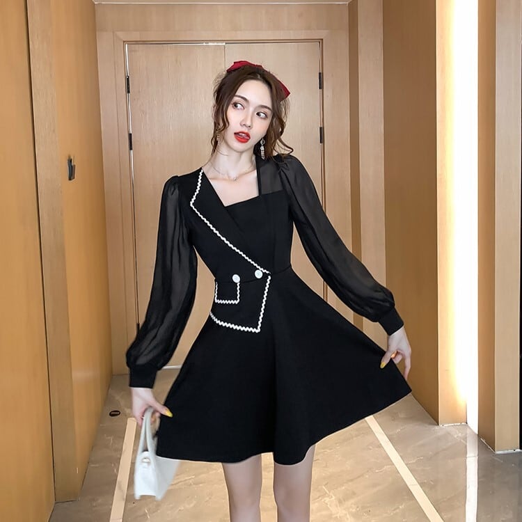 スクエアネックフレアワンピース overE 7分袖スクエアネックフレア