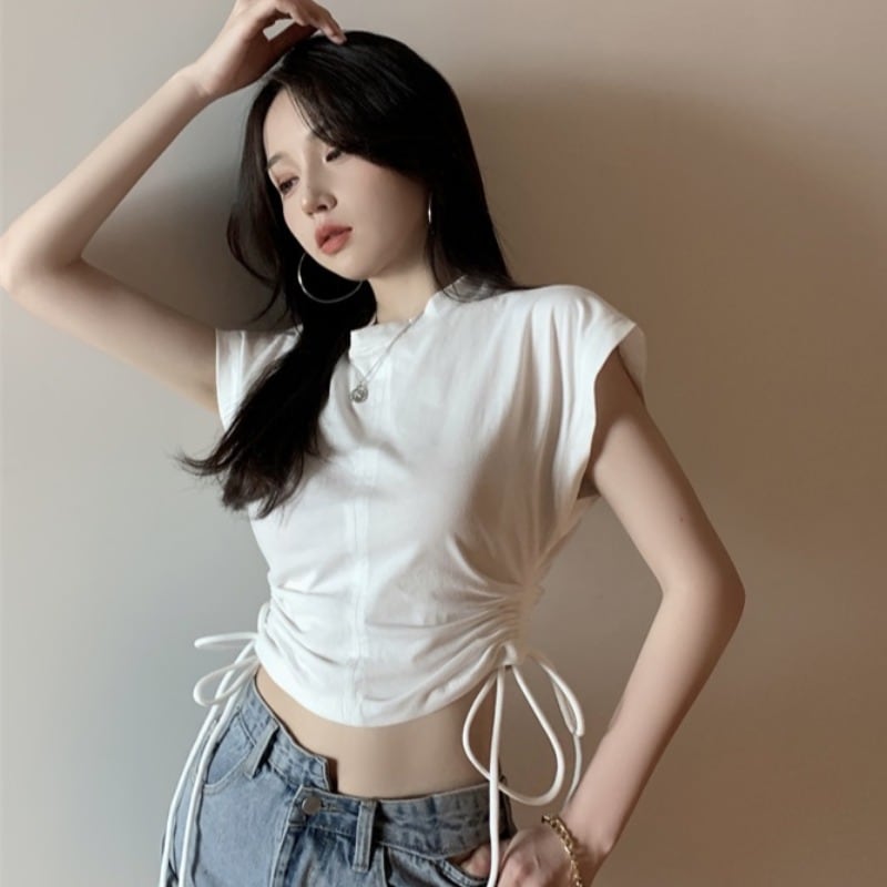 サマーソリッド カラーショートギャザーノースリーブTシャツ 薄手カジュアルトップス 夏物 ソリッドカラー ハンチェンe96742936520