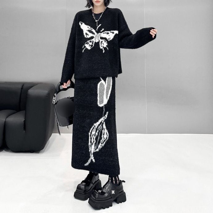 MONOTONE PRINT ROUND NECK PULLOVER KNIT & LONG SKIRT SET 2pieces 1color M-15319