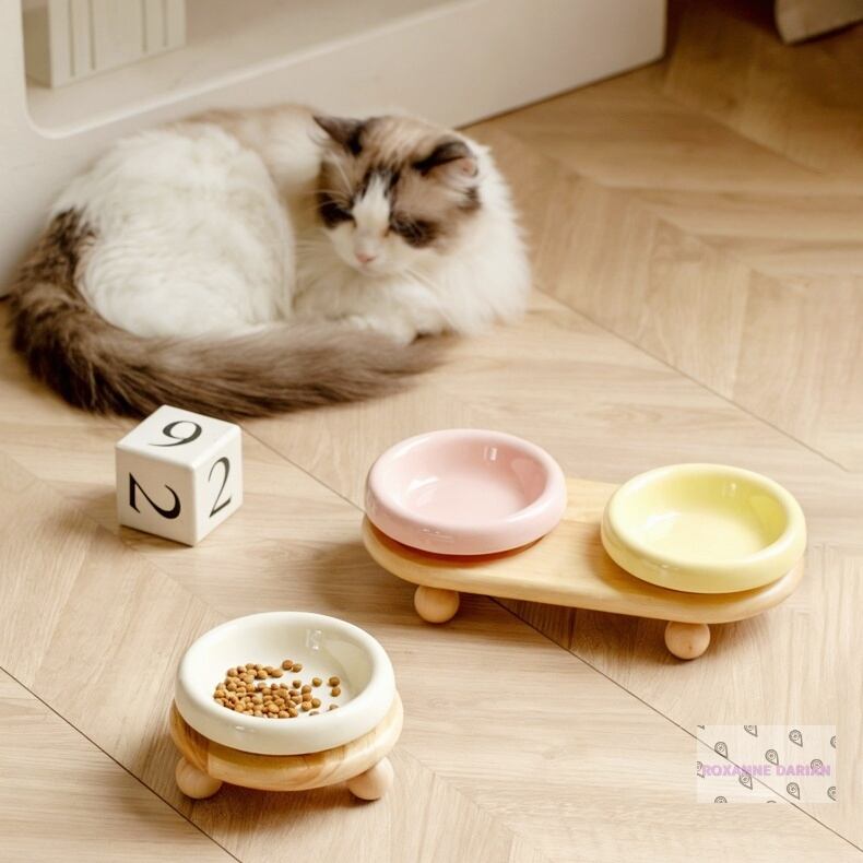 高さがあるアンティーク猫脚スタンドと陶器バスケットセットです໒( *´﹀` *) 北欧風/高級陶器製】ペット用 フードボウルスタンド 木製脚付き 食器台