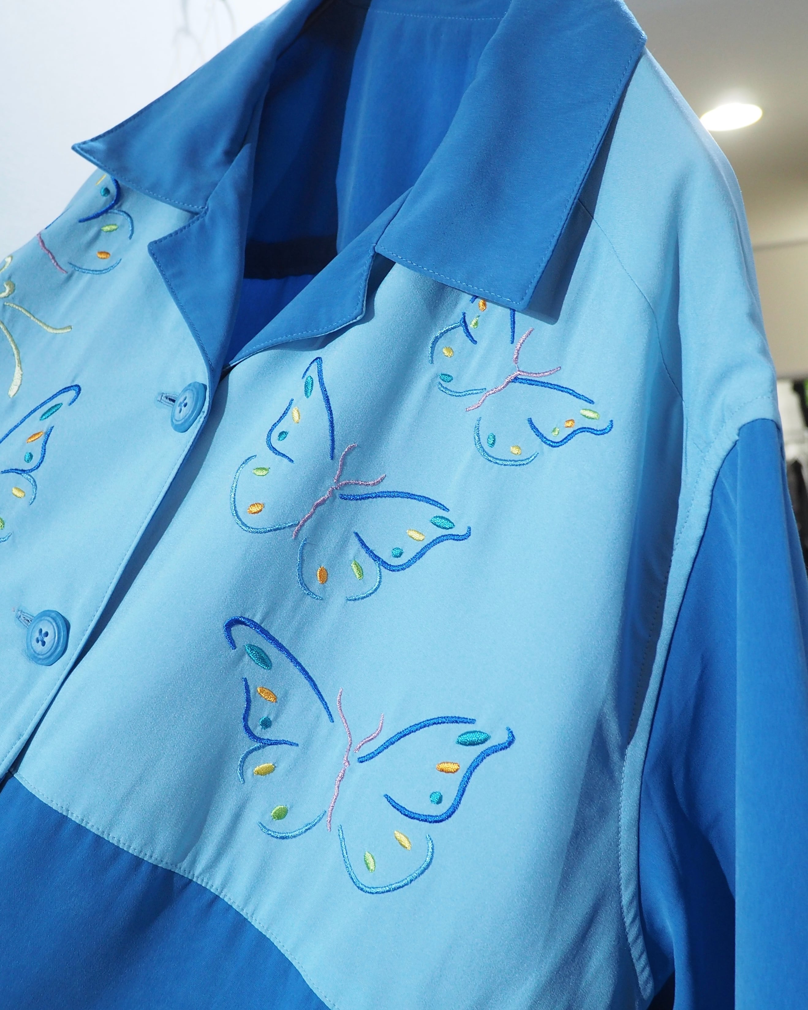 Beautiful Butterfly Embroidery vintage loose Open collar SS shirt