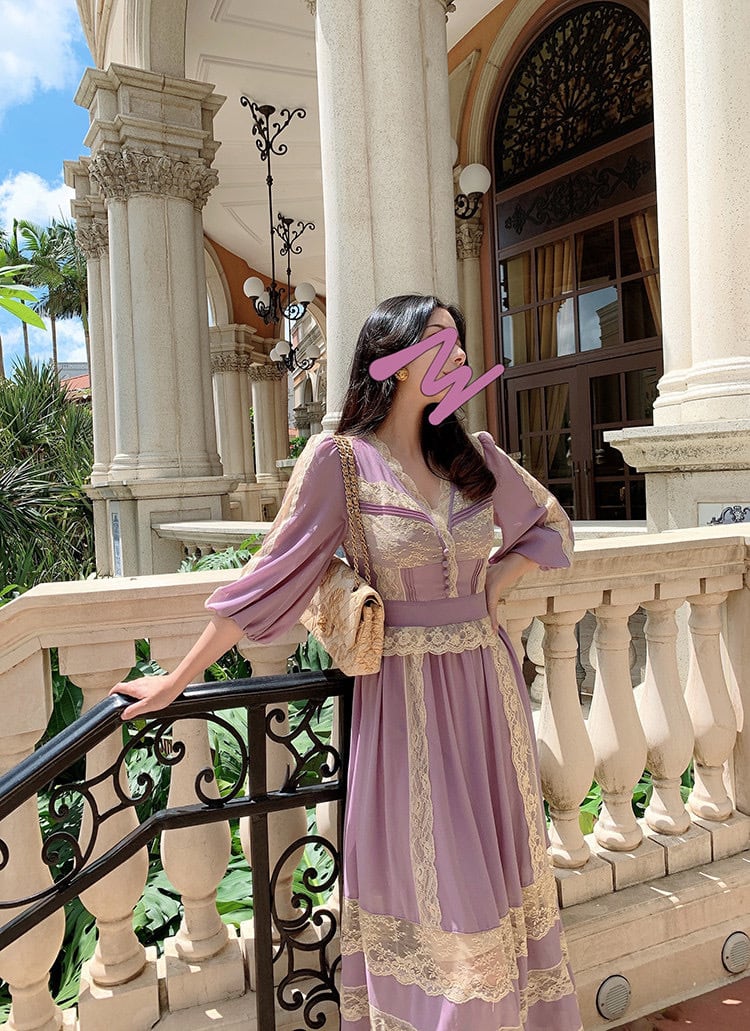 紫 パープル リボン レース ワンピース XL ガーリー エレガント