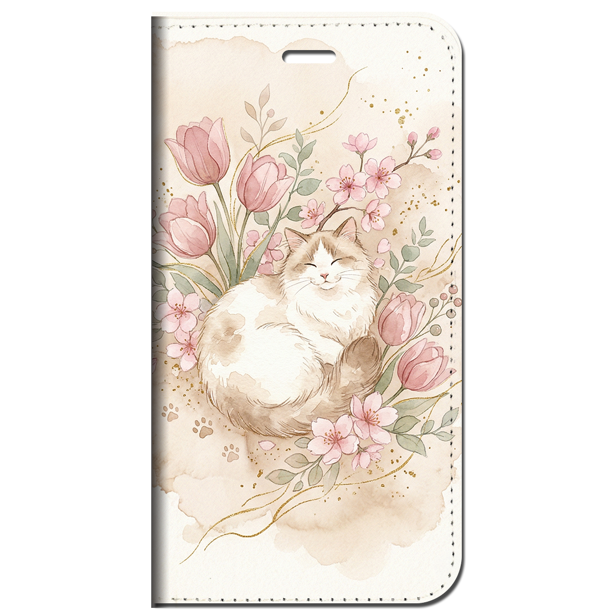 iPhone対応 スマホ 手帳型ケース まどろみ猫 春桜 ラテベージュ ダスティピンク 猫 水彩 花柄 チューリップ くすみカラー 癒やし 肉球 スマホケース スタンド 【iPhone17 / iPhone16e / iPhone16 他 iPhone各機種対応】 |ianuan01