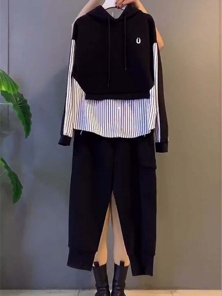 スプリングスタイルフードストライプセーター ポケット 大きめサイズ 春物 ステッチ ミックスインファッション99563742198