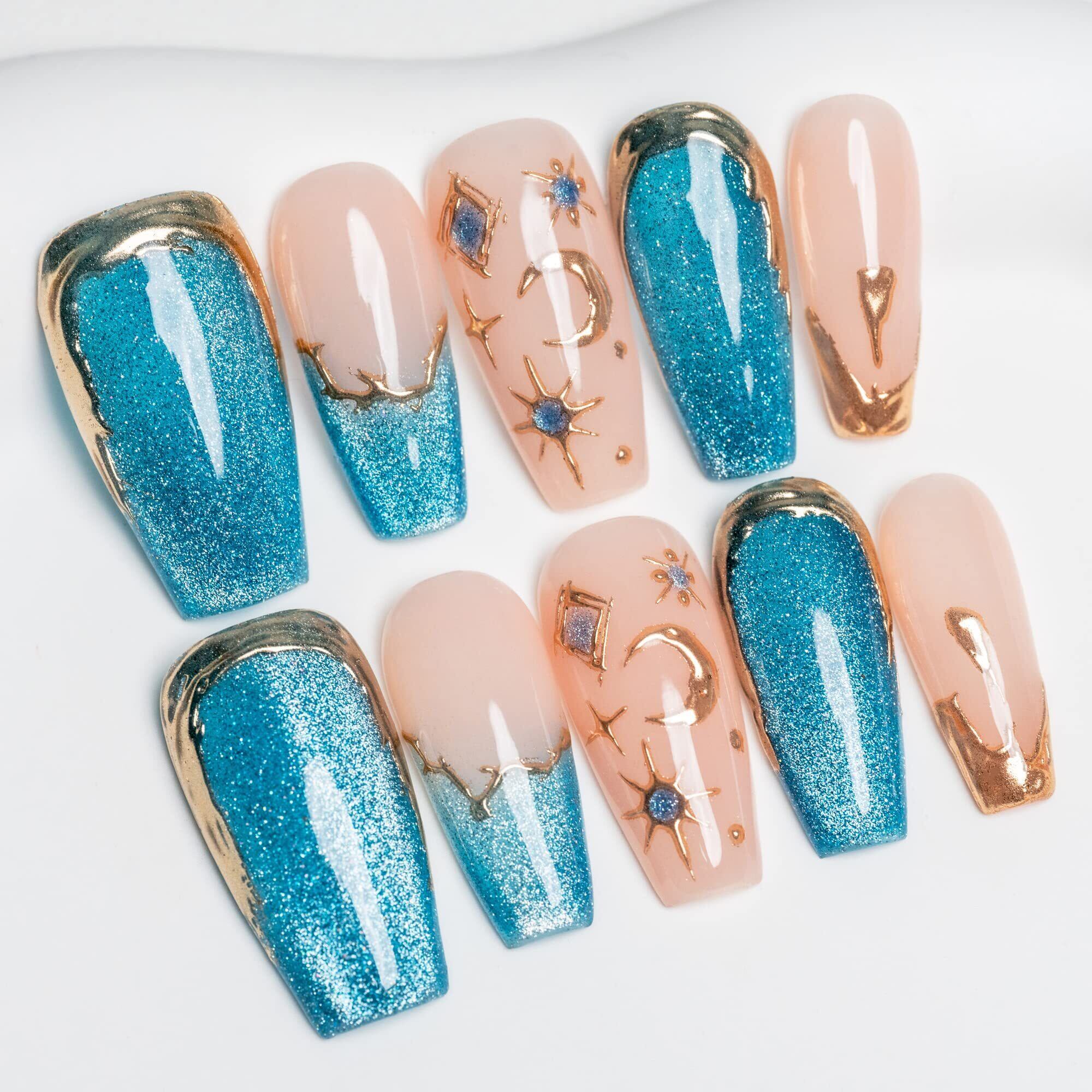 【数量限り】Sun&Beam Nails 手作り ネイルチップ ミディアム ロング バレリーナ つけ爪 青 金 キャットアイ 人気 おしゃれ 可愛い 付け爪 10枚入 (#82 S)
