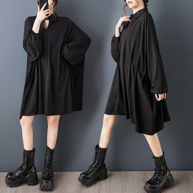 BLACK BAT SLEEVES WIDE MINI DESIGN SHIRT DRESS 1color M-15812