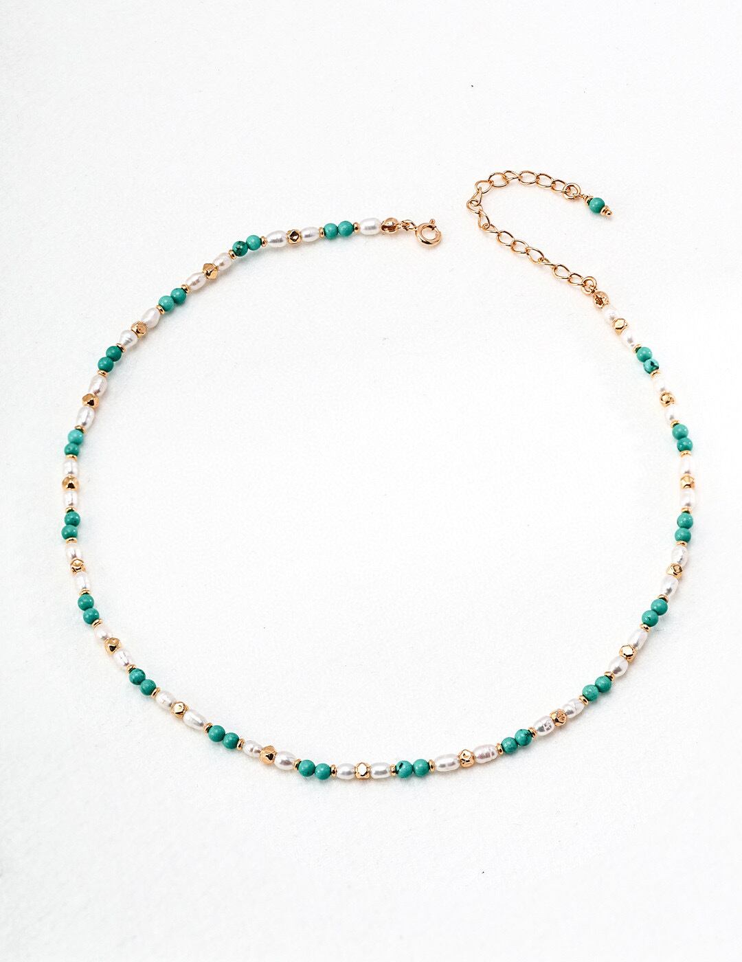 ターコイズ＆パール ネックレス  SV925 ヴィンテージゴールドデザイン 夏の定番アクセサリー