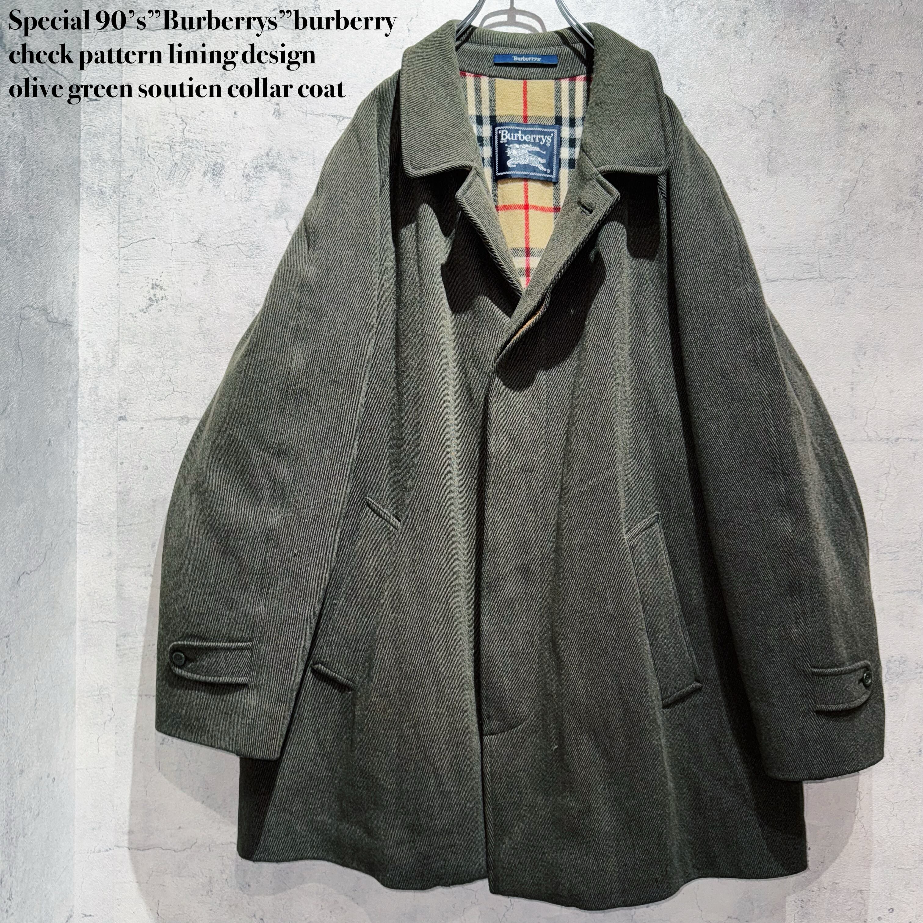 Special 90’s”Burberrys”burberry check pattern lining design olive green soutien collar coat