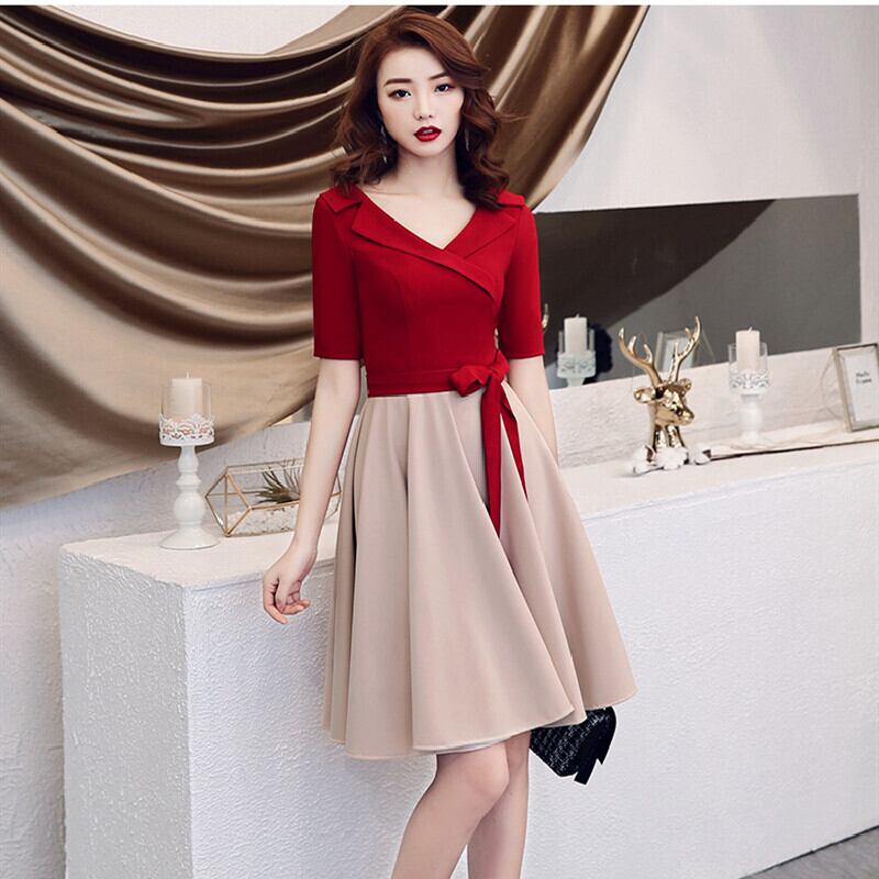 ワンピース 成人式 パーティードレス 折り襟 エレガント スウィート デート 披露宴 女っぽさが漂う レッド ベージュ S M L Ll 3l Dresszone