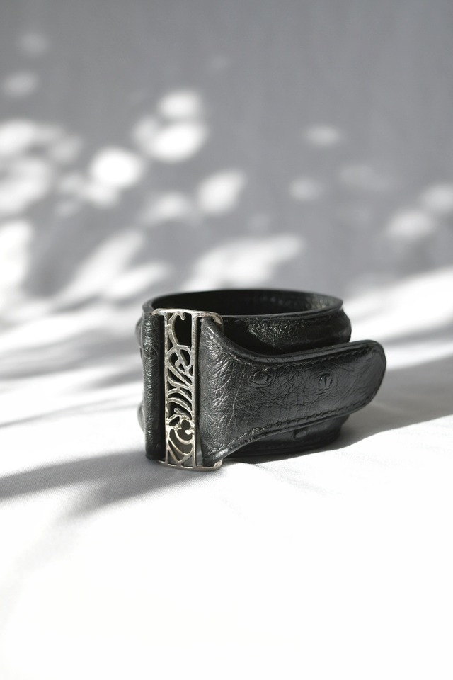 Ostrich Leather Bracelet Black&Silver オーストリッチレザーブレスレット 黒×シルバー