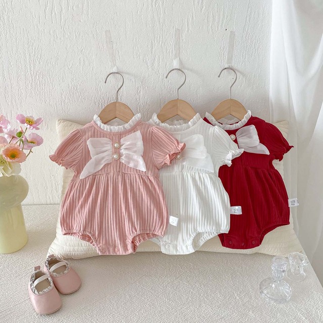 【BABY】大きなリボン付フリル襟パフスリーブ半袖リブロンパース - 5