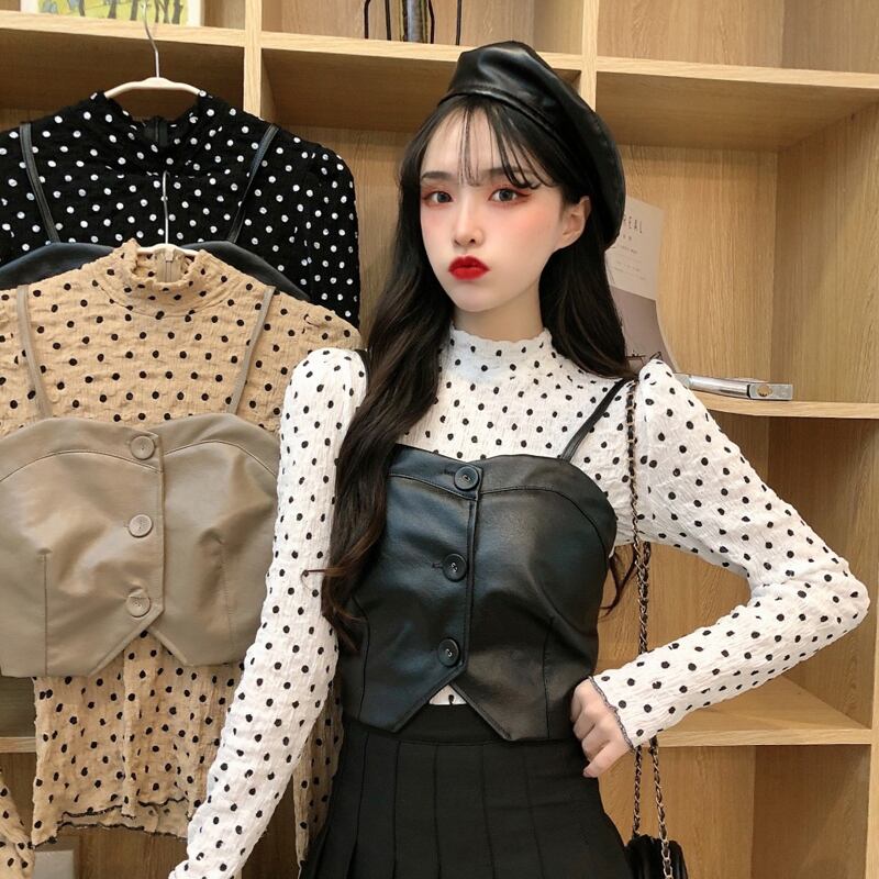 スプリングスタイル水玉シャツ レザーレディース 春物 試着室29218045617