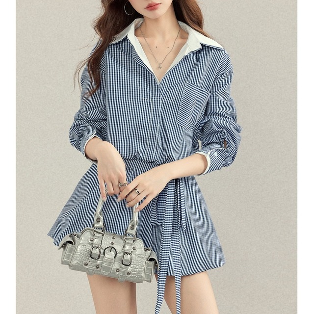 gingham belted shirt one-piece m0824