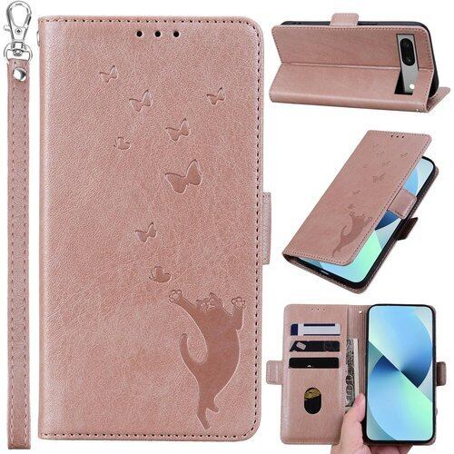 Kitzomi Pixel 7A ケース 手帳型 ピクセル7a ケース 手帳型 google pixel 7a 手帳型ケース グーグルピクセル7a ケース 蝶と猫の3Dパターン スタンド キャッシュポーチ リストストラップ プレミアム耐久性PUレザー 強い磁気吸引 リストストラップ 落下防止 スマホケース google pixel 7a 手帳型ローズゴールド 2200