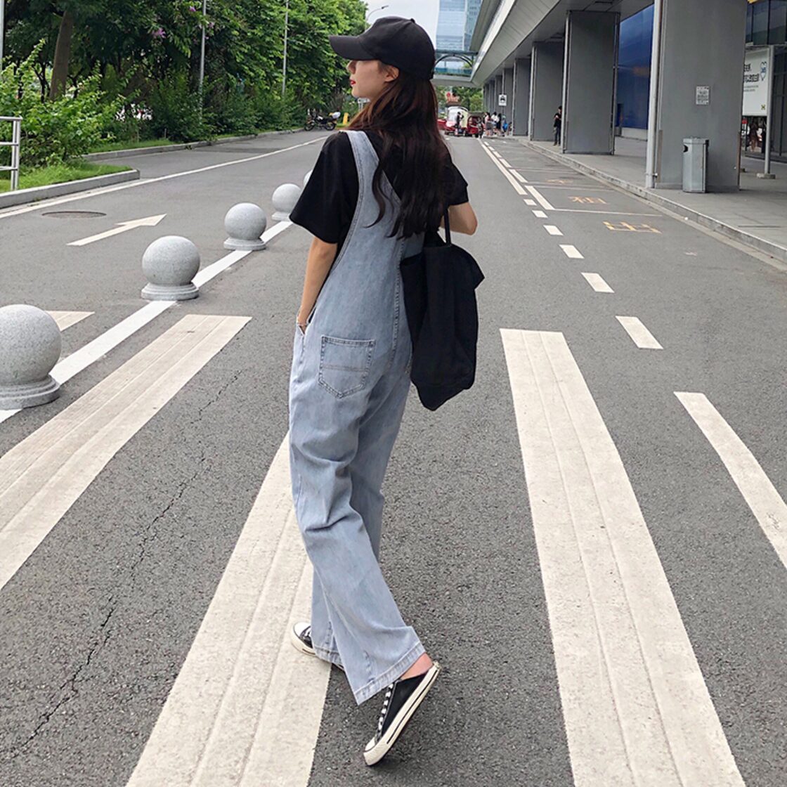 サロペット デニム オーバーオール ワイドレッグ ストレート ジーンズ 