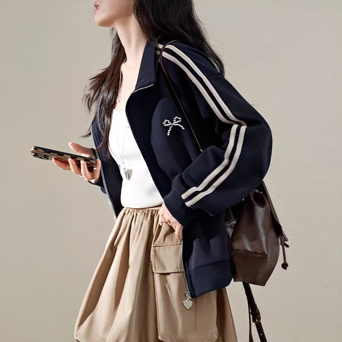 Heart charm ribbon jersey tops 00082