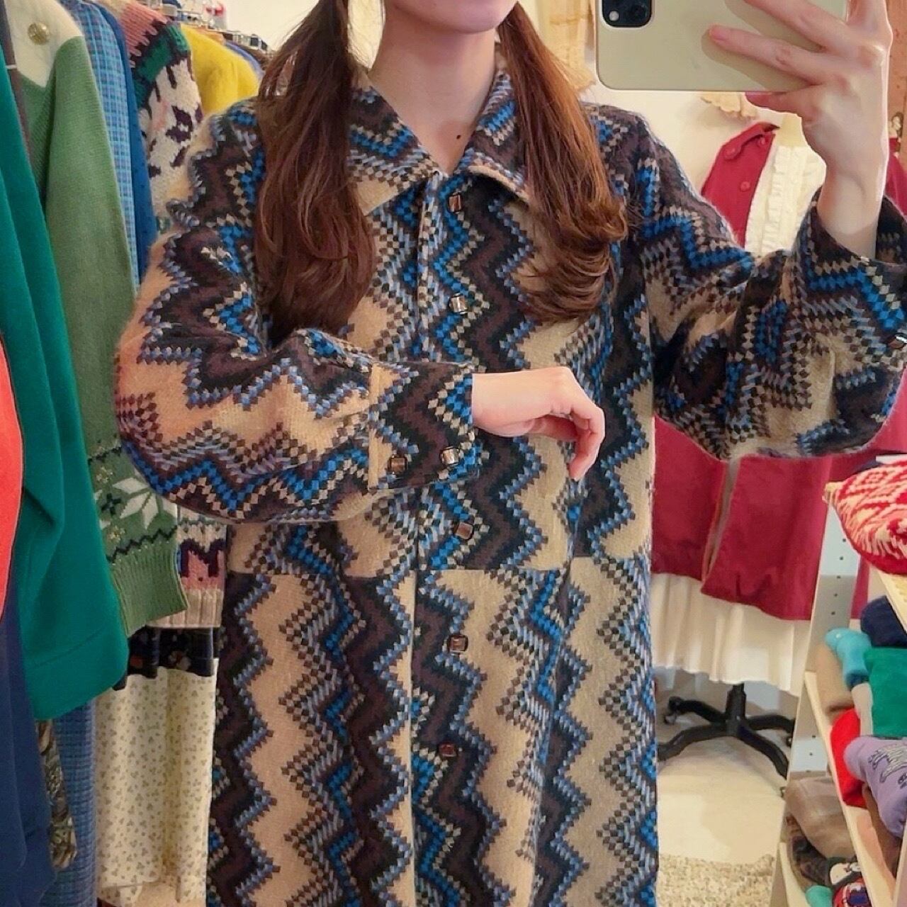 blue brown zigzag wool one-piece