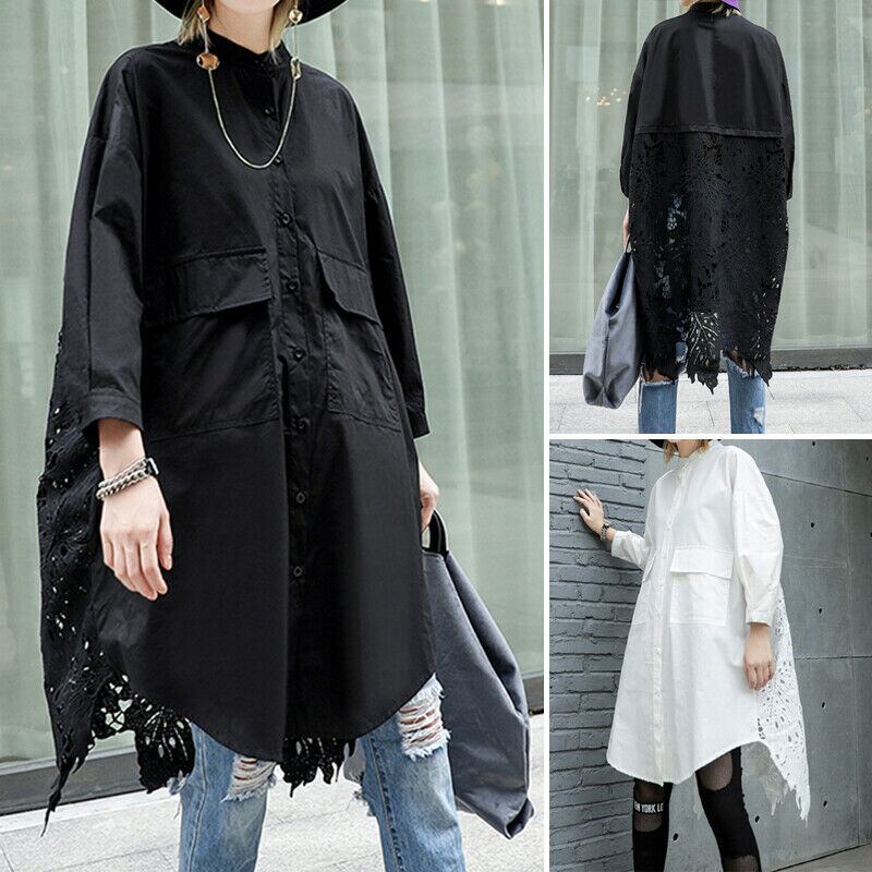 ブラック フロントビッグポケット バックレース柄チュニックシャツ